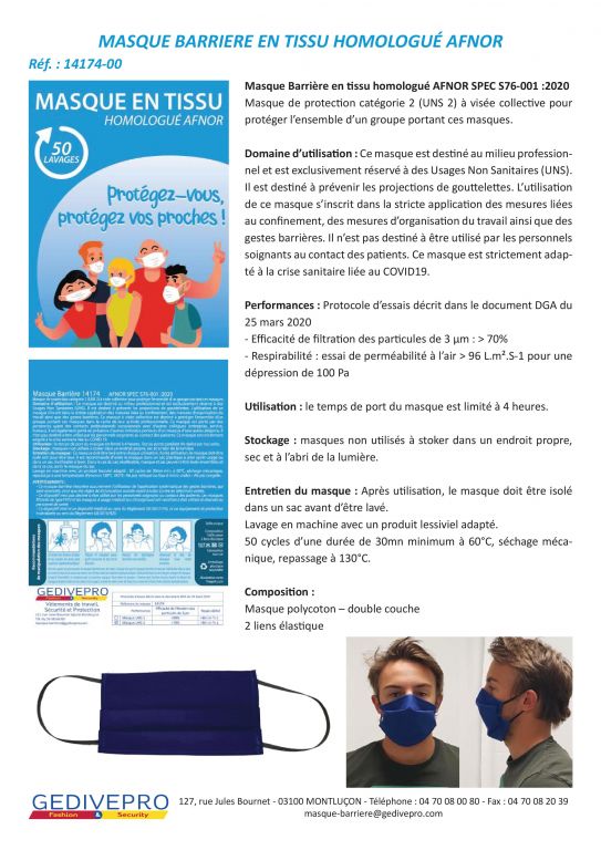 14174 00 masque barriere en tissu homologue afnor
