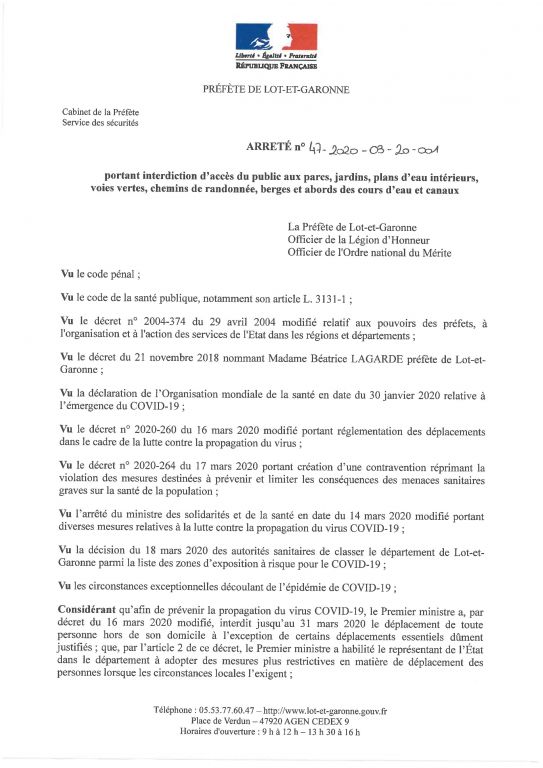 arrt portant interdiction d39accs au public aux parcs jardins plans d39eau intrieurs voies vertes chemins de randonne berges et abords des cours d39eau et canaux1