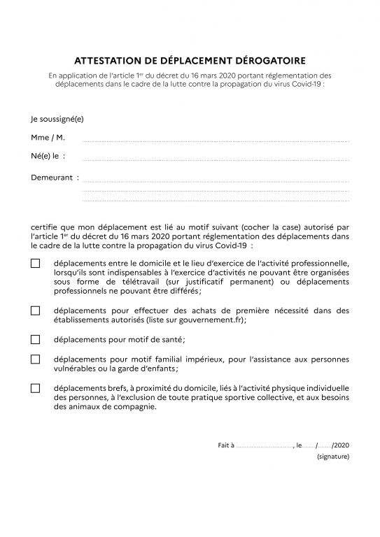 attestation de deplacement derogatoire