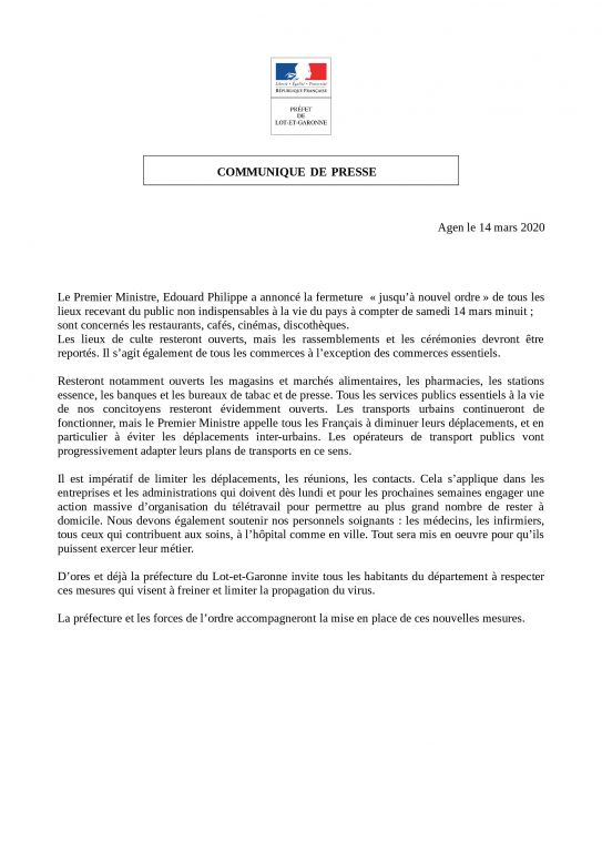 communique de presse du 14 mars 2020