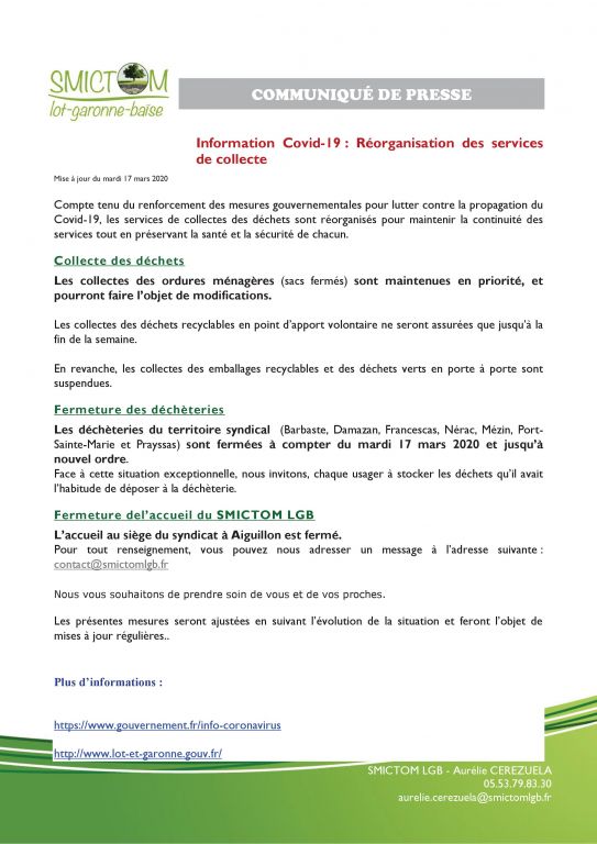 cp smictomlgb information covid19 reorganisation des services de collecte maj 17032020v2