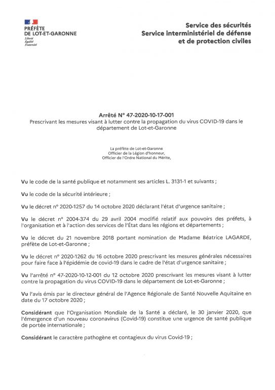 arrt prfectoral prescrivant les mesures visant lutter contre la propagation du virus covid 19 dans le dpartement de lot et garonne1