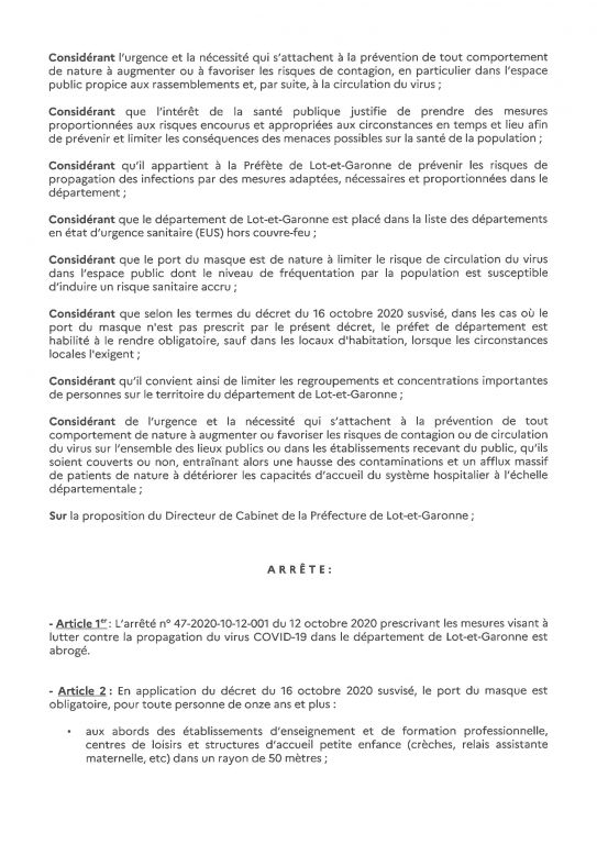 arrt prfectoral prescrivant les mesures visant lutter contre la propagation du virus covid 19 dans le dpartement de lot et garonne2